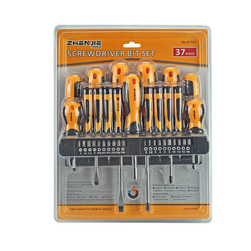 Set di cacciaviti esagonali Torx Phillips a taglio da 37 pezzi con ripiano in plastica e confezione in doppio blister